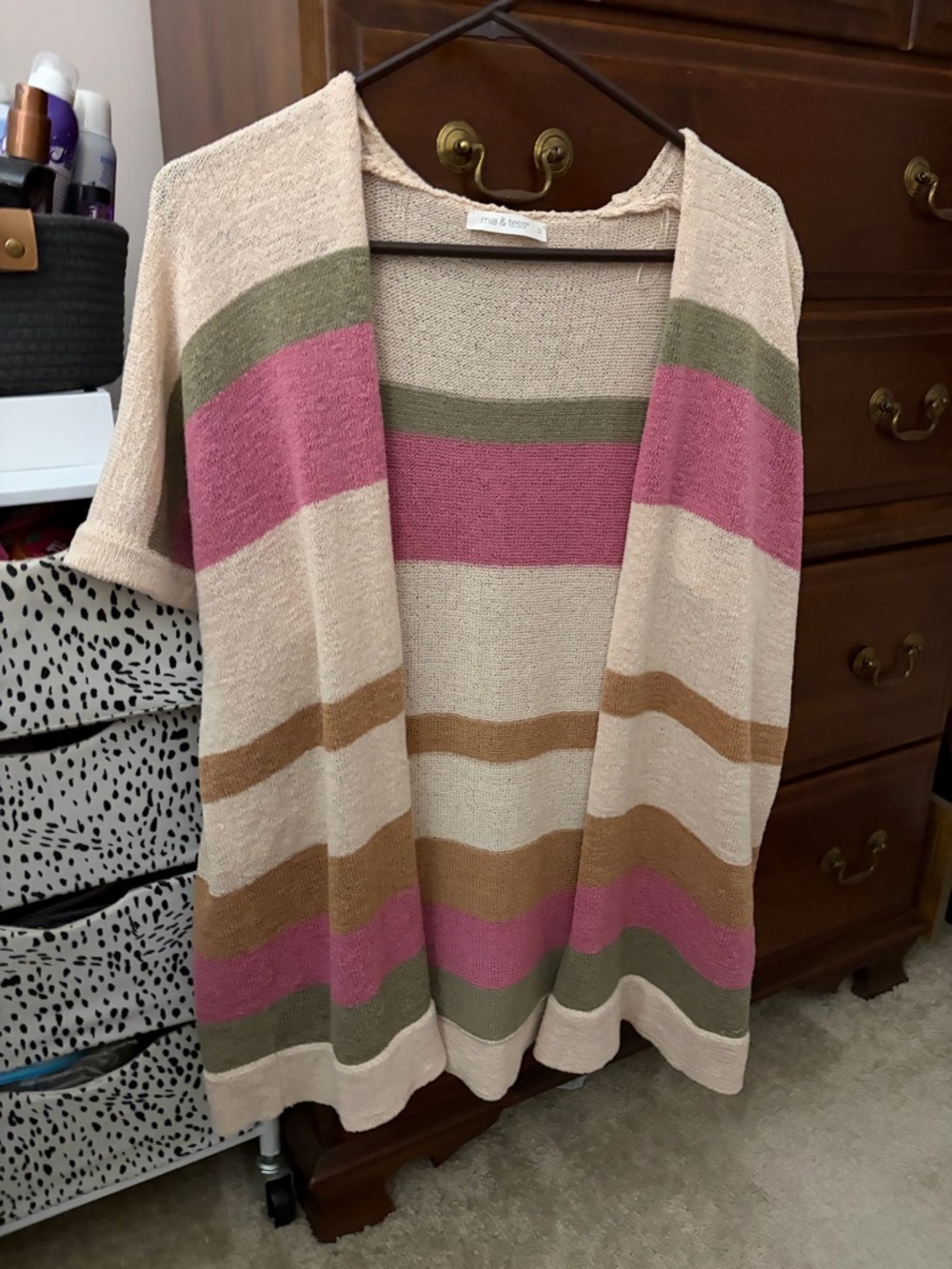 Mimi Chica Pink, Cream & Olive Striped Open-Front Cardigan